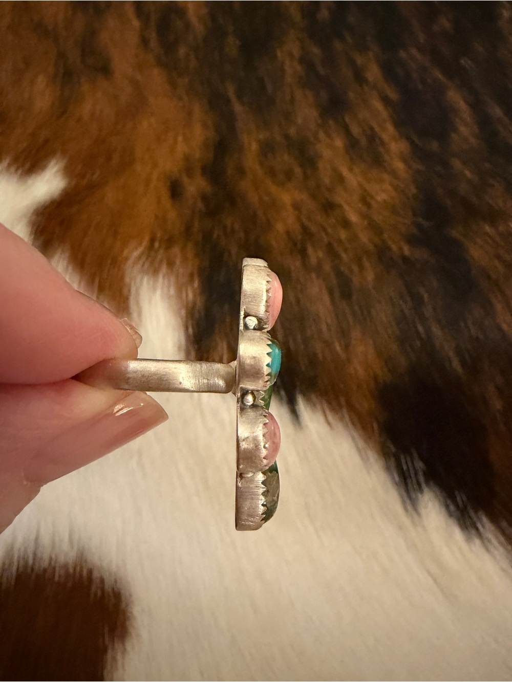 ❤️ Sonoran Gold Turquoise & Pink Conch ADJ 4.5 - 8.6 Statement Ring Matte 925 - Picture 5 of 15